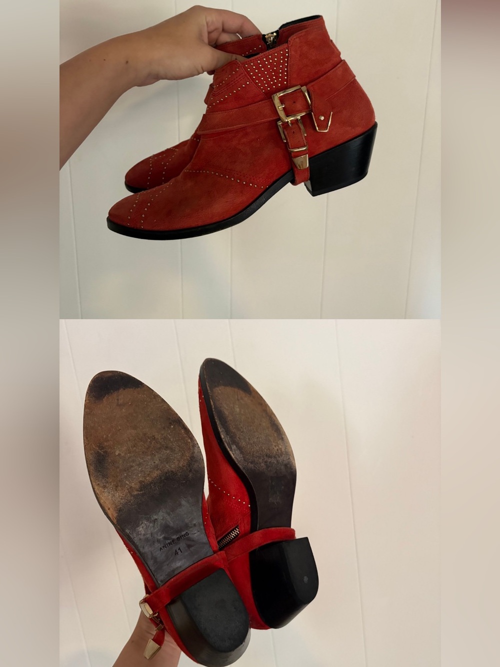 Anine Bing Bianca red suede gold studded boots booties size 10 cowgirl western - Picture 5 of 15